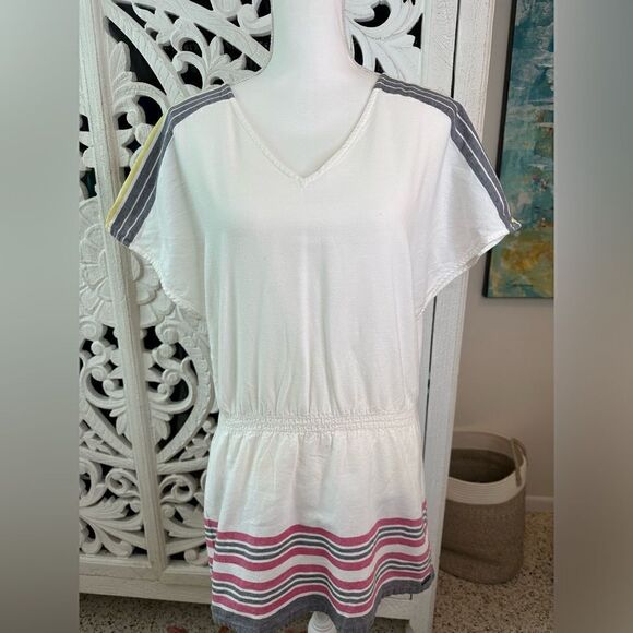 Roxy Women's V-Neck Striped Linen Mini Dress White Size S Resort Wear - Picture 1 of 9